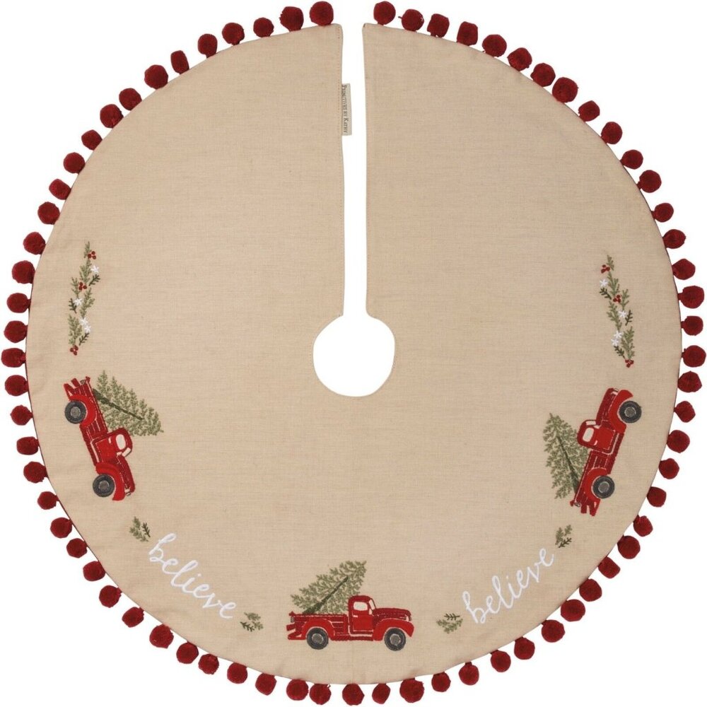 Primitives By Kathy Believe Truck Christmas Tree Skirt 24 in Red Pompom Trim